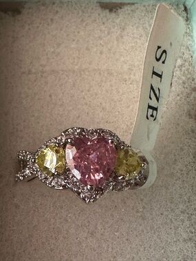 Heart Pink and Yellow Gemstone Halo Ring - Women Jewelry